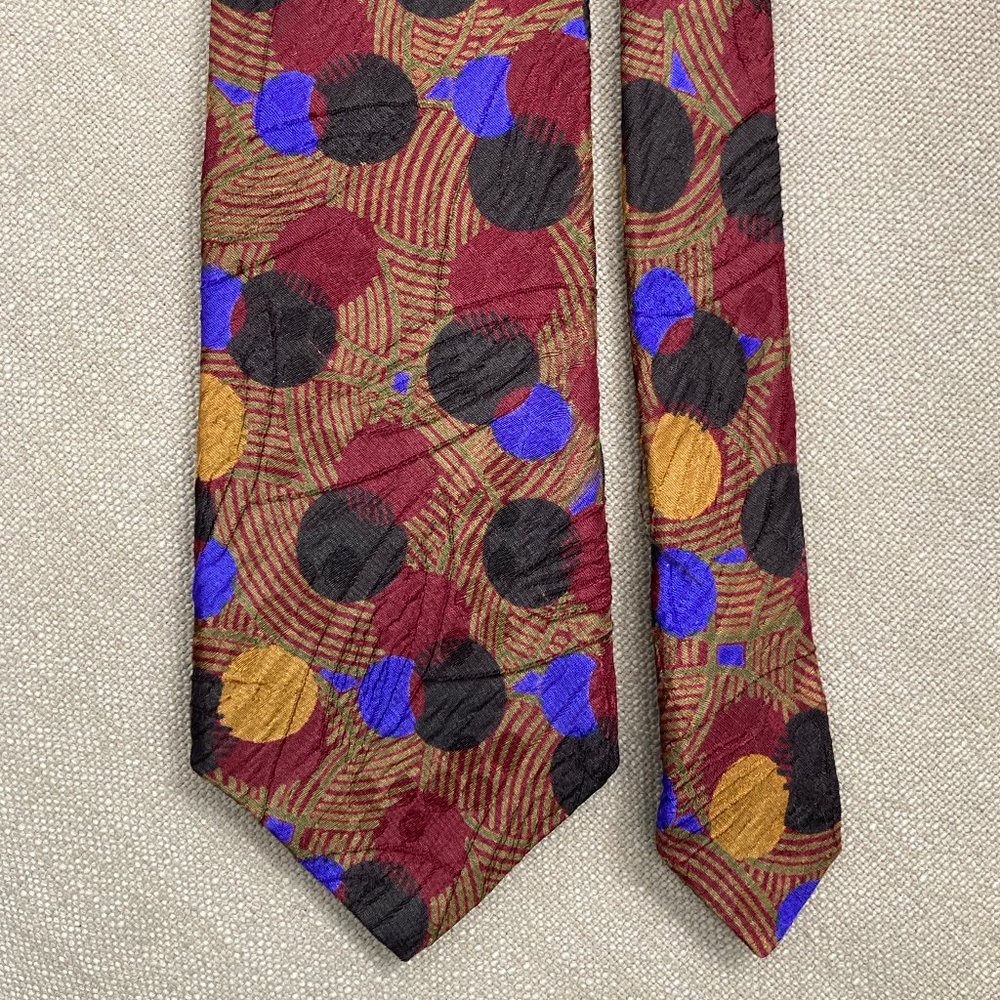 Krizia Uomo Mens Dress Suit Neck Tie - Modern Art Polka Dots Brown Blue Red